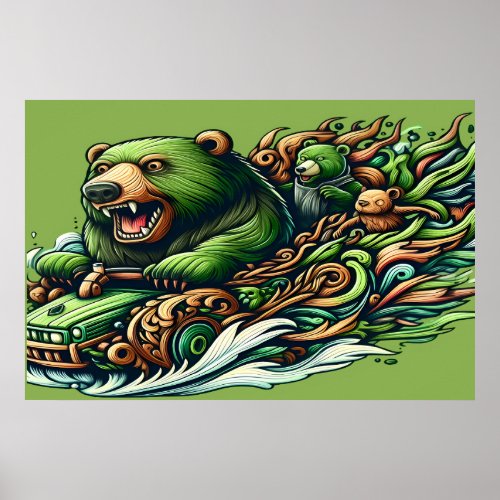 Animated Bears Riding a Green Car in a Vibrant Fan Poster