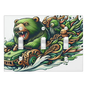 Animated Bears Riding a Green Car Light Switch Cover