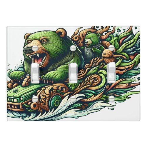 Animated Bears Riding a Green Car  Light Switch Cover