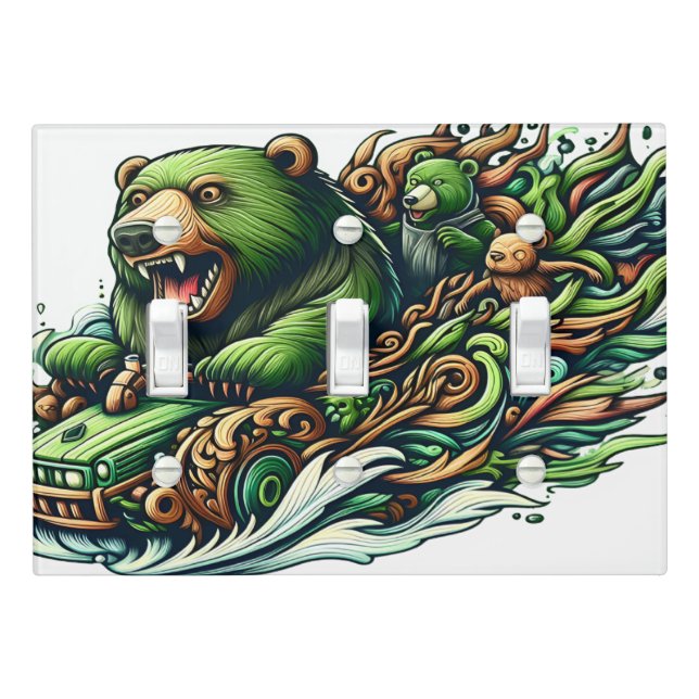 Animated Bears Riding a Green Car  Light Switch Cover (In Situ)