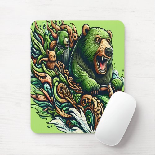 Animated Bears Riding a Green Car  Mouse Pad