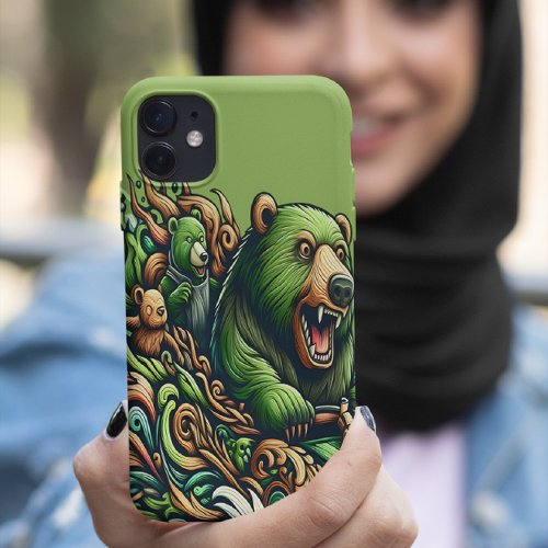 Animated Bears Riding a Green Car  iPhone 15 Pro Max Case