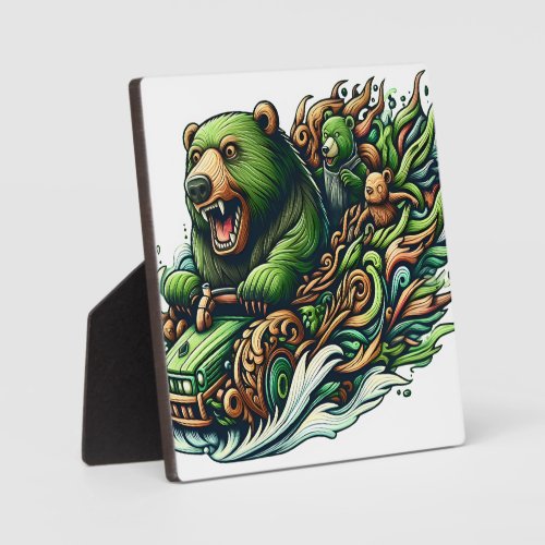 Animated Bears Riding a Green Car  Plaque