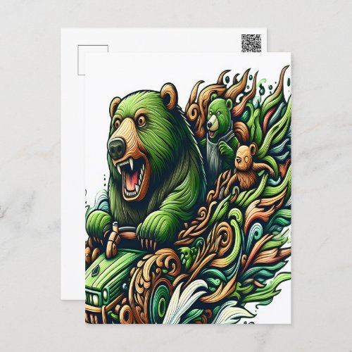Animated Bears Riding a Green Car   Postcard
