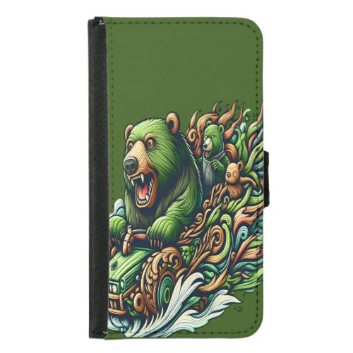 Animated Bears Riding a Green Car  Samsung Galaxy S5 Wallet Case