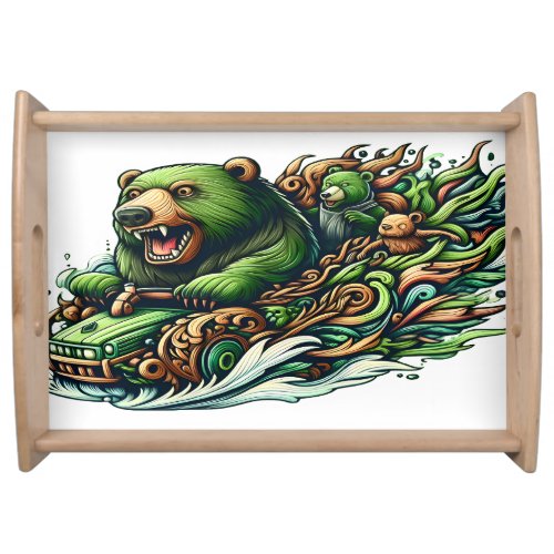 Animated Bears Riding a Green Car  Serving Tray