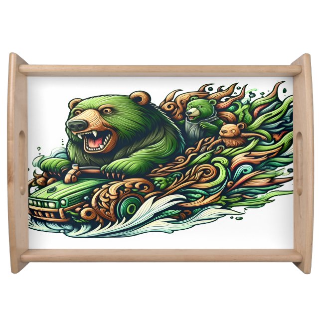 Animated Bears Riding a Green Car  Serving Tray (Front)