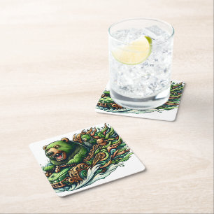 Animated Bears Riding a Green Car Square Paper Coaster