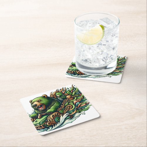Animated Bears Riding a Green Car  Square Paper Coaster
