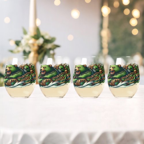 Animated Bears Riding a Green Car  Stemless Wine Glass