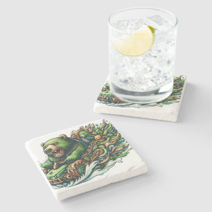 Animated Bears Riding a Green Car Stone Coaster