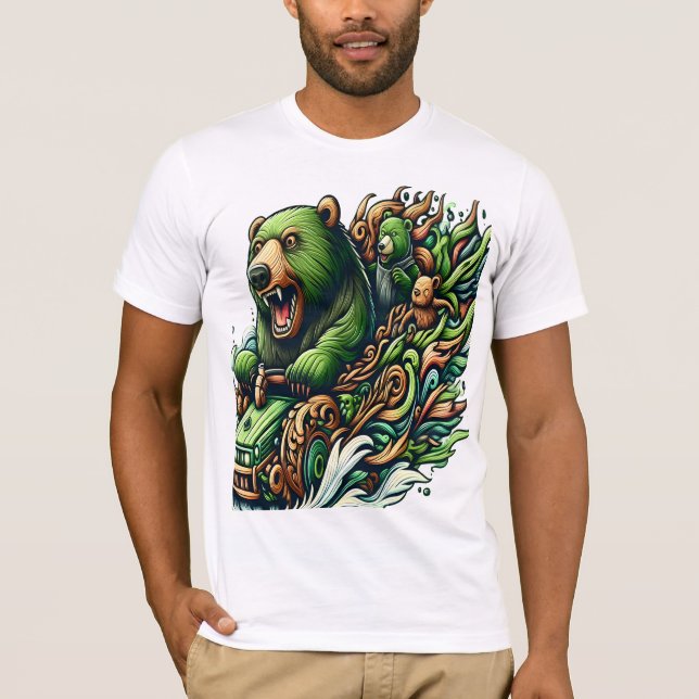 Animated Bears Riding a Green Car  T-Shirt (Front)