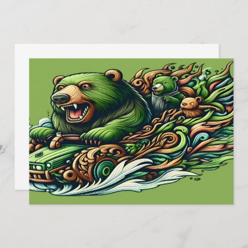 Animated Bears Riding a Green Car  Thank You Card