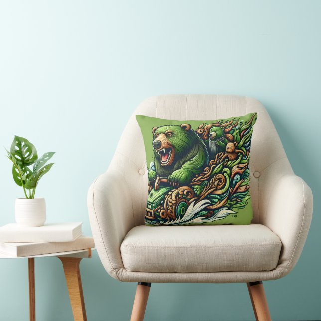 Animated Bears Riding a Green Car  Throw Pillow (Chair)
