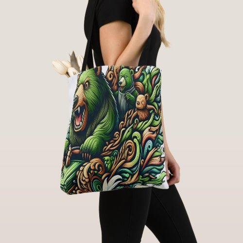 Animated Bears Riding a Green Car  Tote Bag
