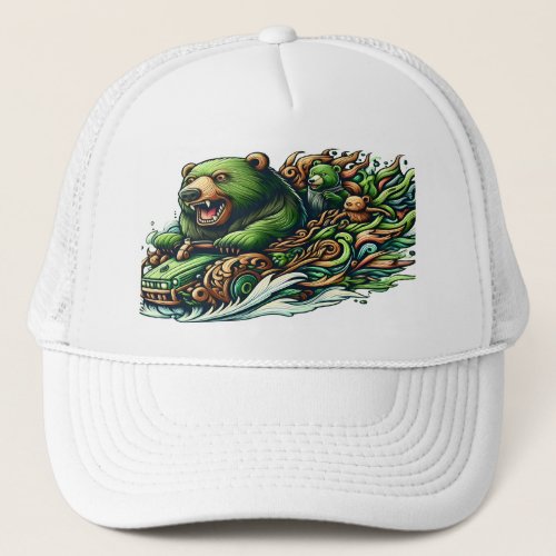 Animated Bears Riding a Green Car  Trucker Hat