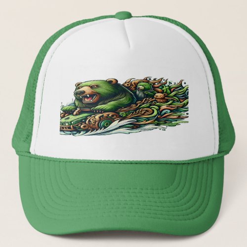 Animated Bears Riding a Green Car  Trucker Hat
