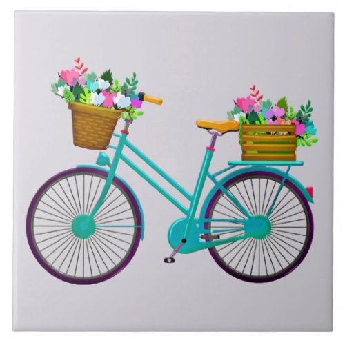 Animated bicycle with flower basket ceramic tile