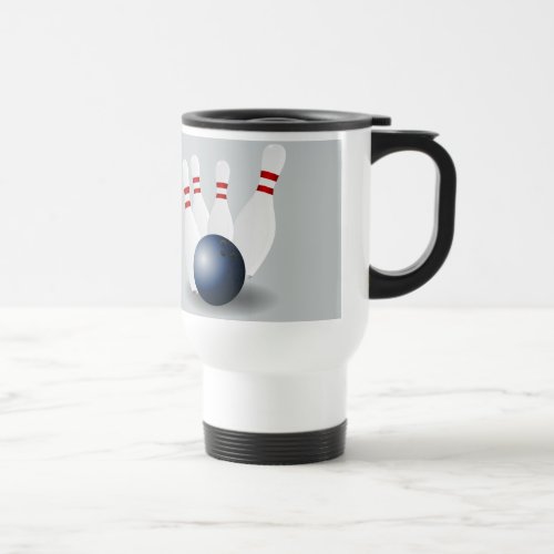 Animated bowling ball and pins travel mug