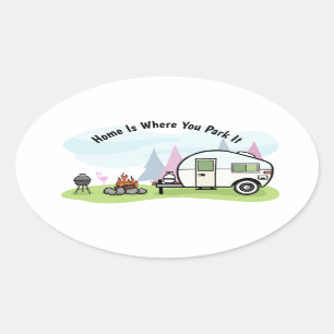 Animated camping trailer oval sticker
