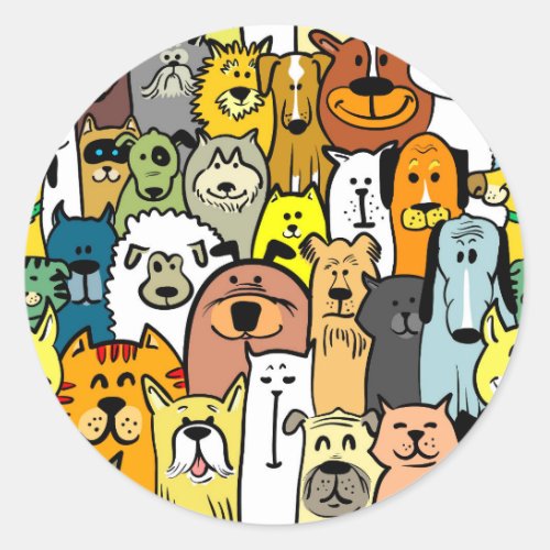 Animated cats and dogs illustrations classic round sticker
