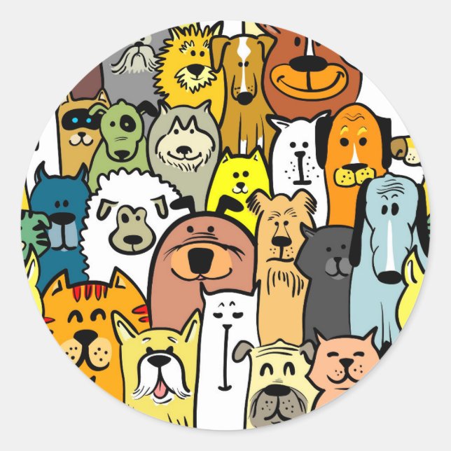 Animated cats and dogs illustrations classic round sticker (Front)