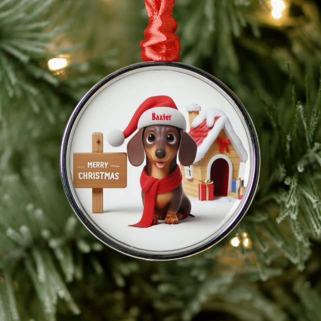Animated Dachshund Puppy Metal Ornament (Tree)