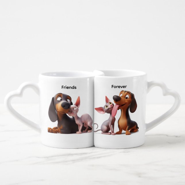 Animated Dachshund & Sphynx Friends  Coffee Mug Set (Front Nesting)