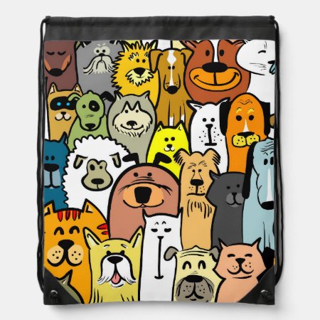 Animated Dogs And Cats Illustrations Drawstring Bag