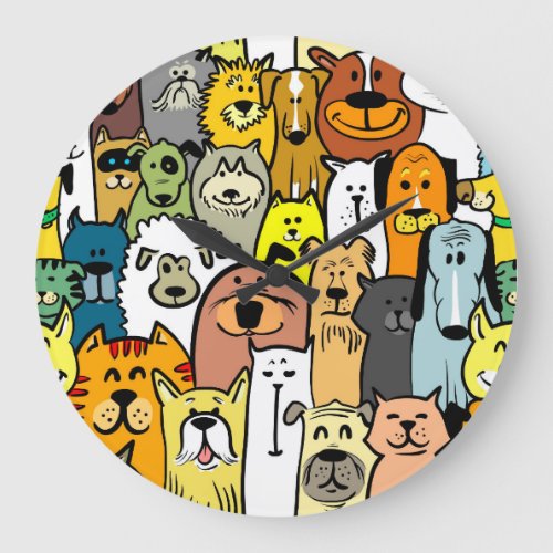 Animated Dogs and Cats illustrations Large Clock