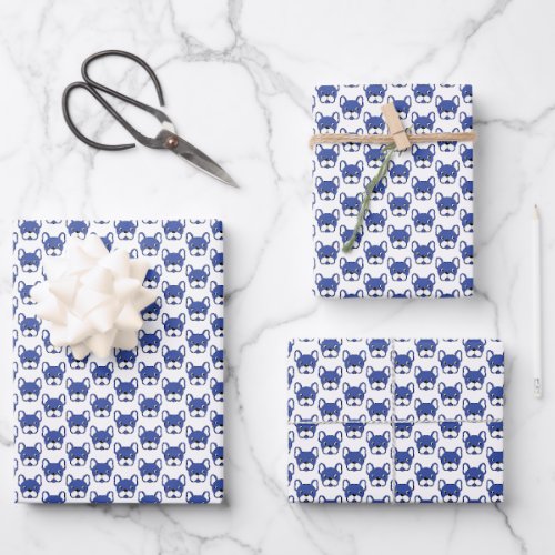 Animated French Bulldog Blue Patterned Design Wrapping Paper Sheets