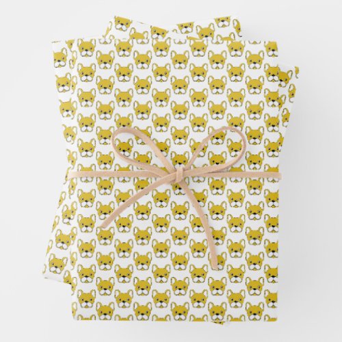 Animated French Bulldog Yellow Patterned Design Wrapping Paper Sheets