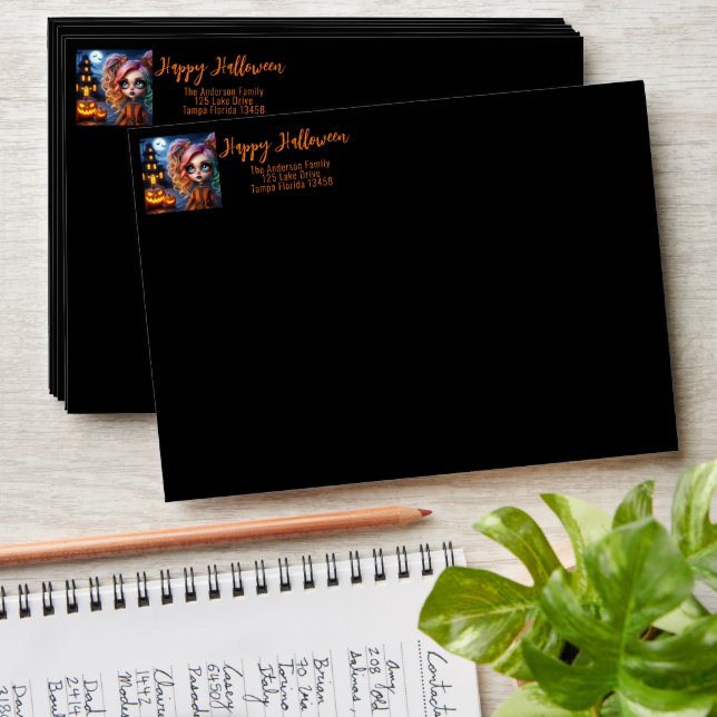 Animated Girl, Haunted House and Pumpkins  Envelope (Stacked)