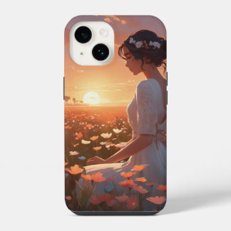 Animated Girl in White Sitting in a Flower Field iPhone 14 Case