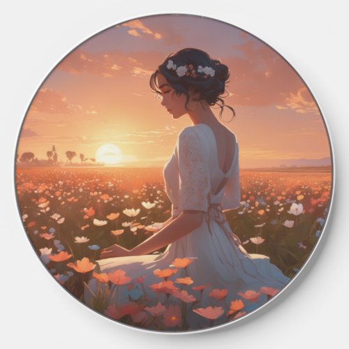 Animated Girl in White Sitting in a Flower Field Wireless Charger