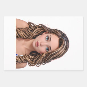 Animated Girl with Wavy Highlighted Hair Wrapping Paper Sheets