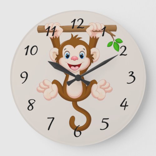 Animated Monkey hanging on branch Large Clock
