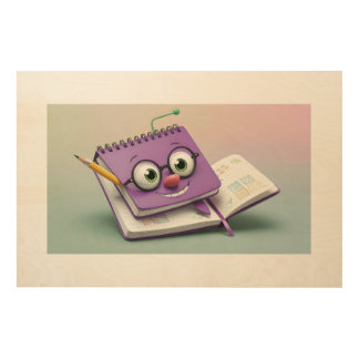 Animated Notebook Character with Creative Drawings Wood Wall Art