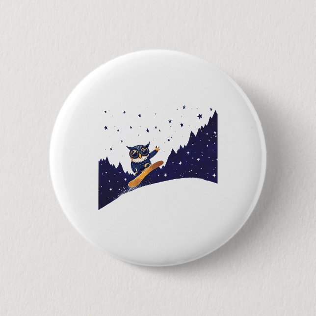 Animated Owl Snowboarding Under Stars  Button (Front)