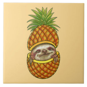Animated Sloth In Pineapple Ceramic Tile