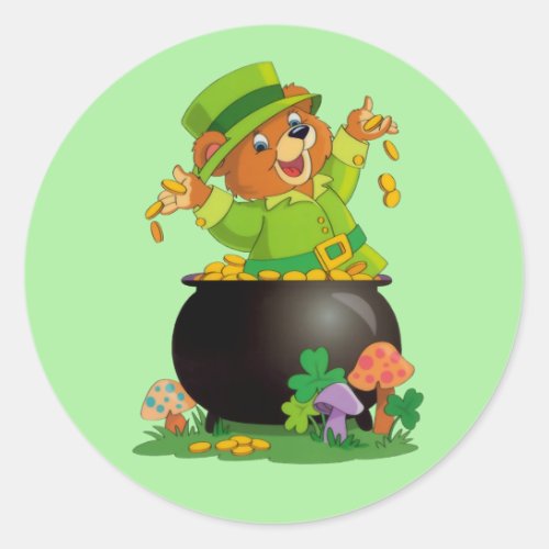 Animated St Patricks Day Bear with pot of gold Classic Round Sticker