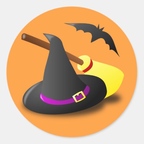 Animated witch hat broom classic round sticker