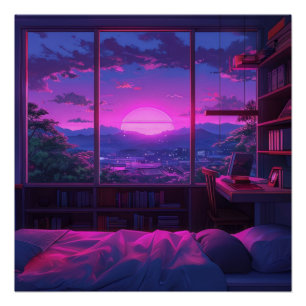 Anime Aesthetic Bedroom Night View Neon Sunset Poster