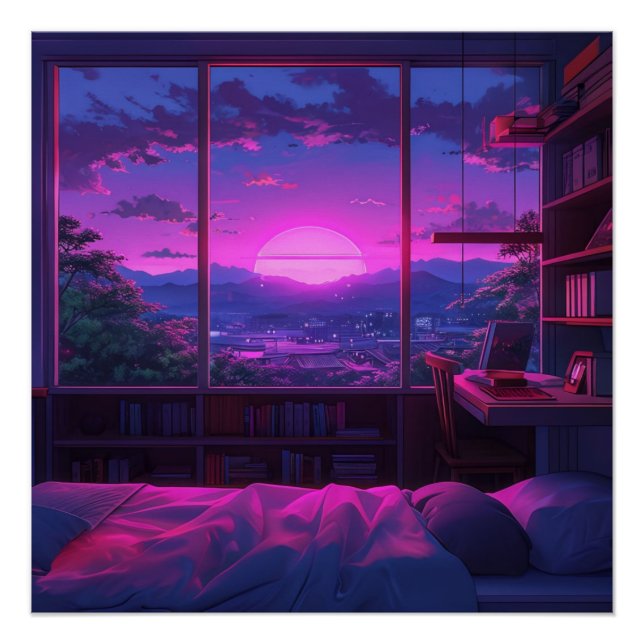 Anime Aesthetic Bedroom Night View Neon Sunset Poster (Front)