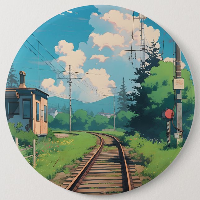 Anime Aesthetic Japan Countryside Train Tracks Button (Front)