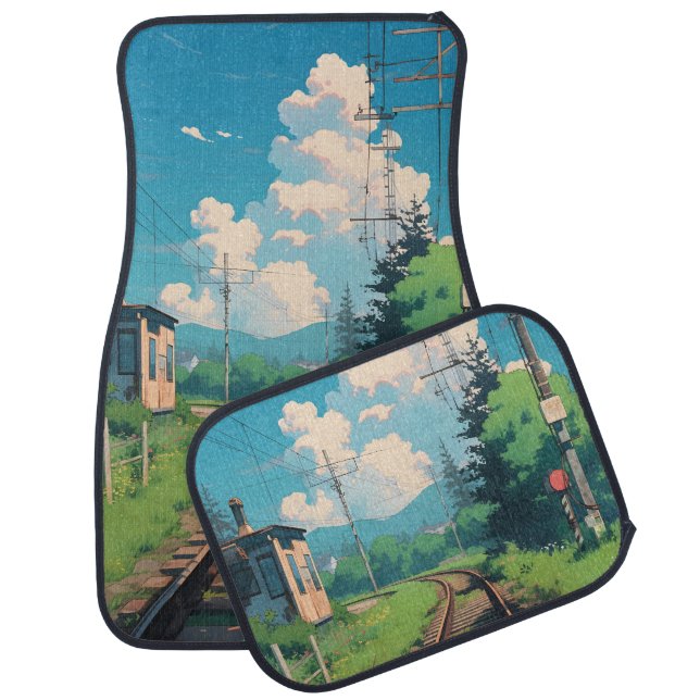 Anime Aesthetic Japan Countryside Train Tracks Car Floor Mat (Set)