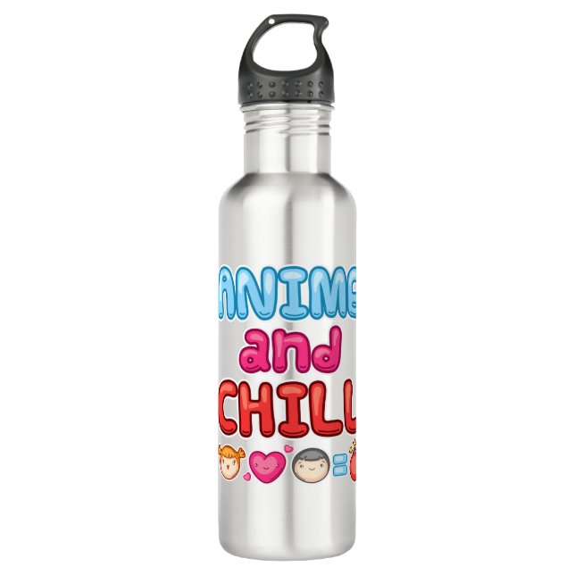 Anime and Chill Manga Otaku Funny Stainless Steel Water Bottle (Front)