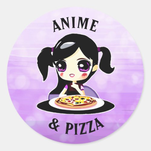Anime and Pizza Black and Purple Cartoon Classic Round Sticker