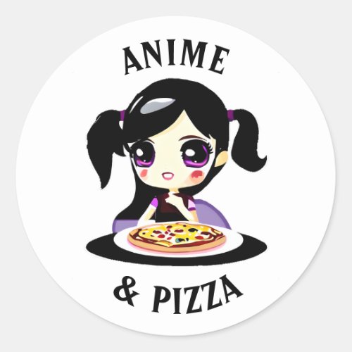 Anime and Pizza Black and Purple Cartoon Classic Round Sticker