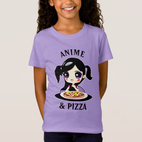 Anime and Pizza Black and Purple Cartoon T_Shirt
